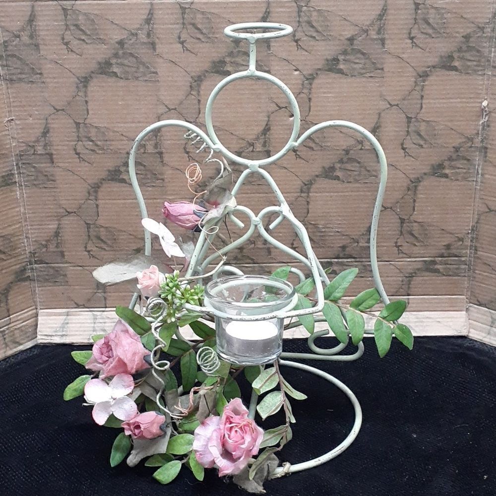 Verde Green Iron angel with trailing pink roses